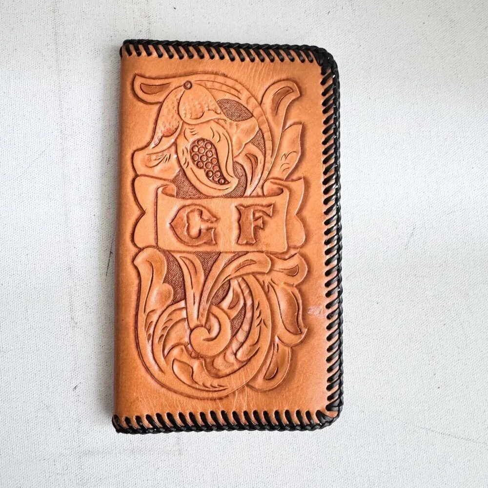 Vintage Hand Tooled Brown Beige Bifold Wallet